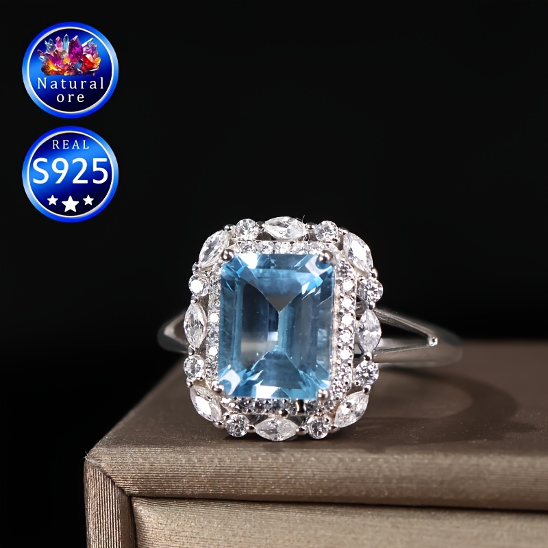 Women's Adjustable 925 Silver Ring with Blue Natural Topaz, Gift Box